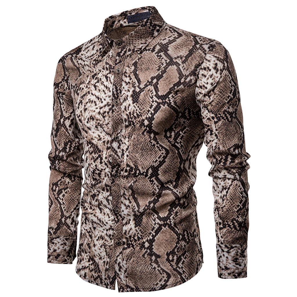 Fashion Trend Men's Long Sleeve Button Shirt Tops Slim Fit Unique Stylish Snake Skin Pattern Shirts Pre-Fall Clothes B3