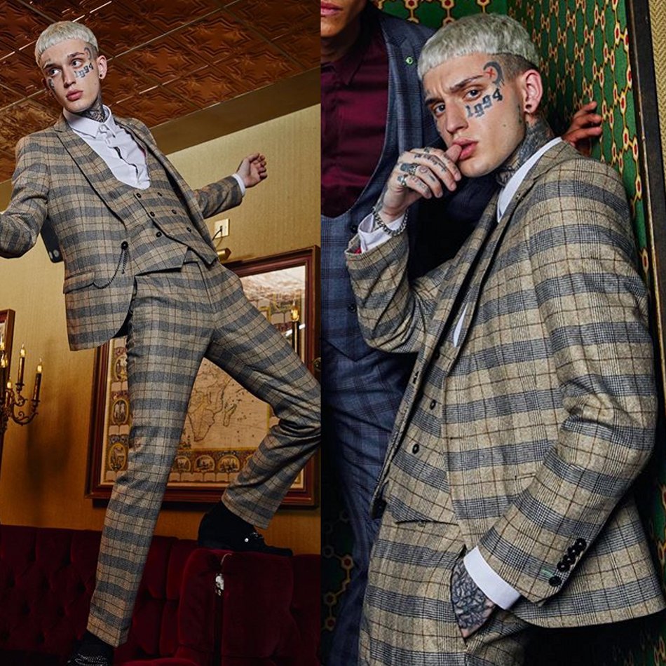 Classic Plaid Check Mens Wedding Suits Notched Lapel Groom Formal Wear Prom Tuxedos Best Man Blazer Suit (Jacket+Vest+Pants)