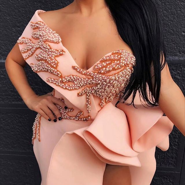 Luxury Beading Mermaid Prom Dresses One Shoulder Full Pearls Ruffles Side Split Evening Gowns Backless Party Pageant Dress