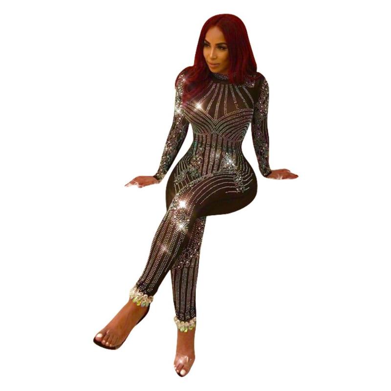 Shining Beading Sexy Jumpsuit Collar Long Sleeves Bodysuit Women See Through Overalls for 2020 New Arrival designer bag