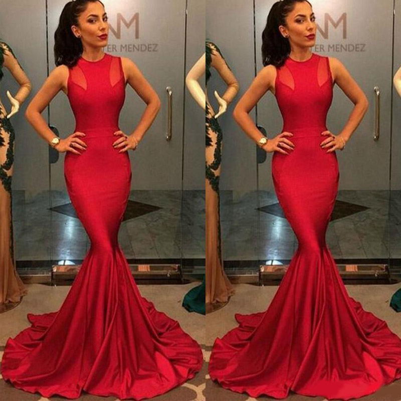 2020 Evening Gowns Sexy Jewel Sleeveless Sheath Mermaid Formal Red Carpet Prom Dresses Rose Red Party Dress