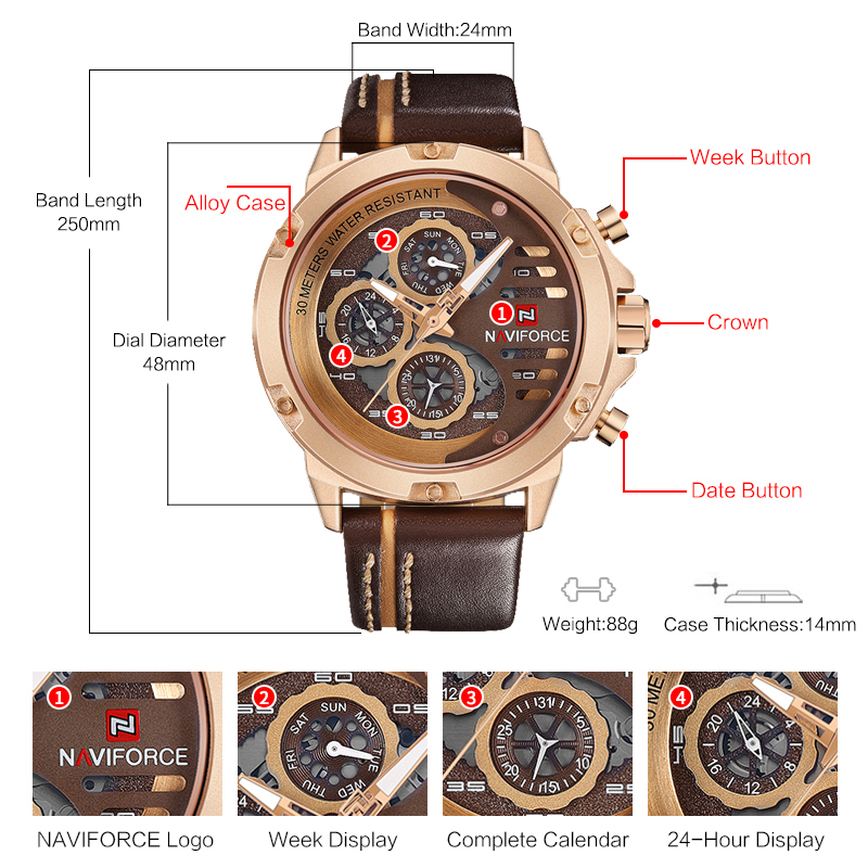 NAVIFORCE Men's Fashion Sports Watches Waterproof Leather Strap Creative Analog Quartz Wrist Watch Men Clock Relogio Masculino LY191213