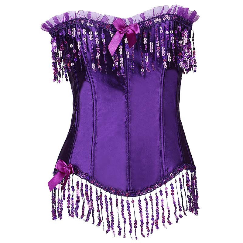 Women Sequined Tassels Overbust Corset with Lace Frill Trim and Satin Bows Details Sexy Lace-up Beading Bustier G-string Set
