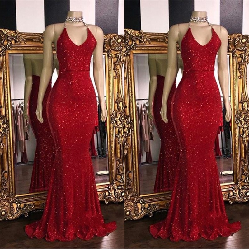 2019 Red Sparkling Sequins Mermaid Long Prom Dresses Halter Beaded Backless Sweep Train Formal Party Evening Gowns
2019 Red Sparkling Sequins Mermaid Long Prom Dresses Halter Beaded Backless Sweep Train Formal Party Evening Gowns