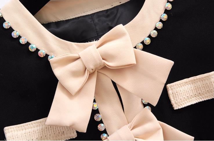 High Quality female jacket Bow Beading Diamonds tweed Black Woolen jackets women long sleeve fashion coat clothing 2019 T200407