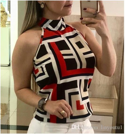 2020 Men's Fashion Summer Sexy Sleeveless Neck Stitching Printed Chiffon T-shirt Top for Women crop top