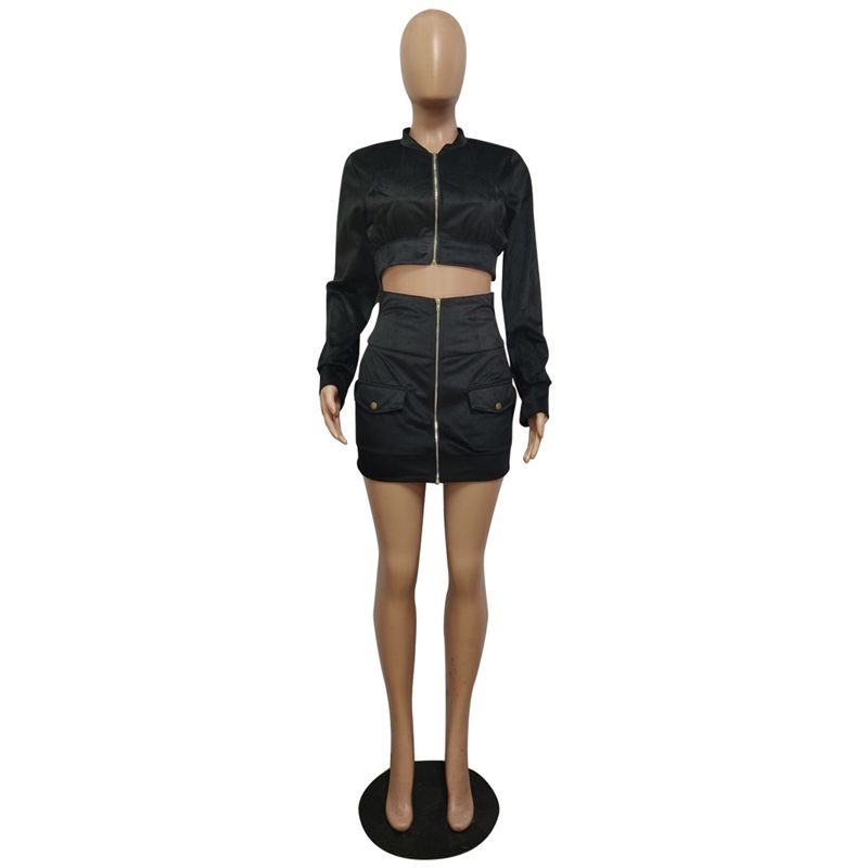 ZOOEFFBB Sexy Two Piece Set Women Autumn Winter Outfits Festival Clothing Zip Crop Top and Mini Skirt Matching Suits 2 Piece Set
