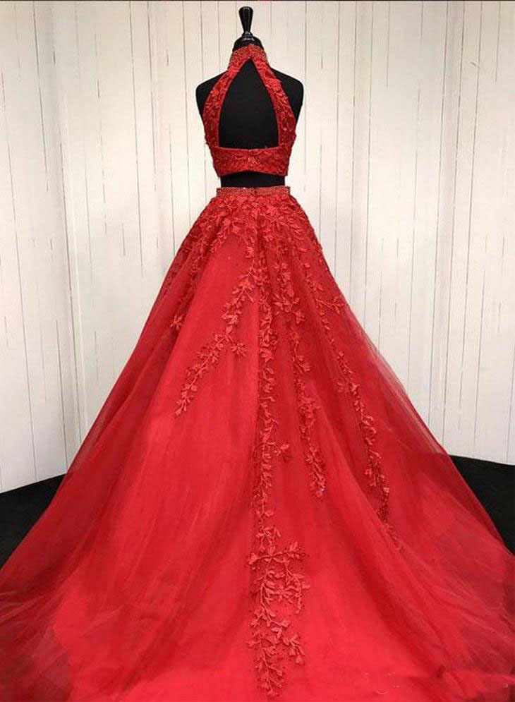 Jewel Red two pieces Prom Dresses A Line Red Evening Dresses High Collar Backless Occasion Party Gowns Custom Made