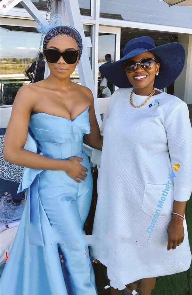 Sky Blue Prom Jumpsuit With Train 2020 Matte Stain Strapless Draped Peplum Arabic Dubai Occasion Evening Dresses Pant Suit