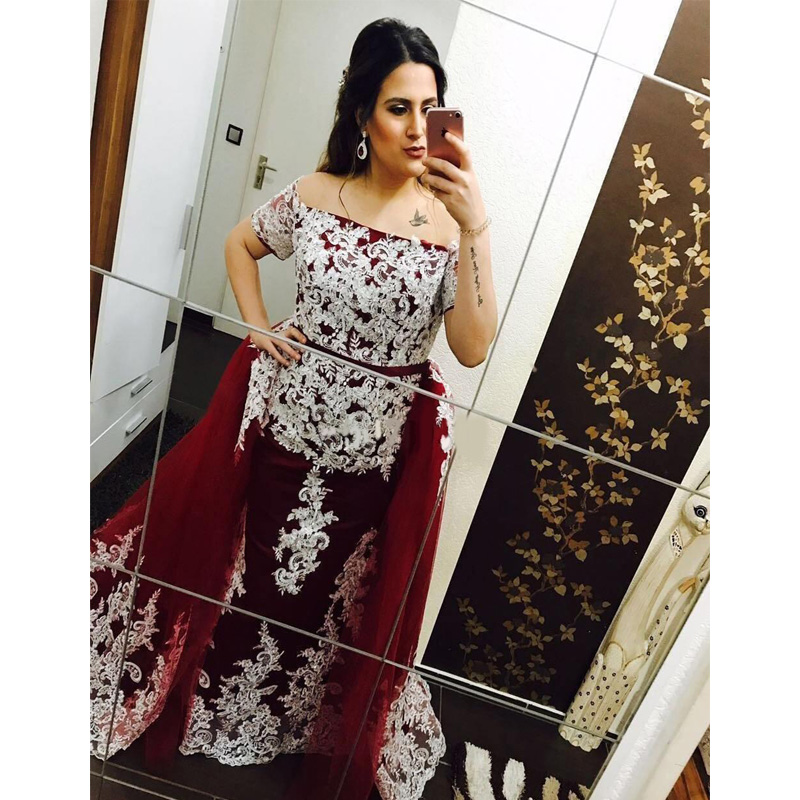 Red Mermaid Evening Dresses With Detachable Train Off Shoulder Short Sleeve Sweep Train White Appliques Formal Prom Gowns robes de soirée