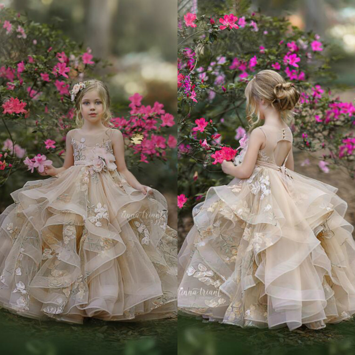 Champagne 2020 Flower Girl Dresses For Wedding Lace Appliqued Beads Pageant Gowns Tulle Floor Length Tiered Ruffled First Communion Dress