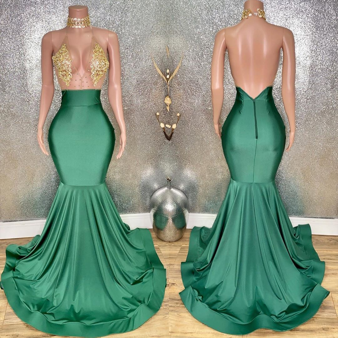 Hunter Eaded Mermaid Ackle Prom Dree Deep V Neck Sequined Appliqued Evening Gown Plu Size Sweep Train Satin Formal Dre