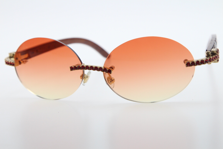Wholesale Red Big Stones Carved Wood 3524012 Rimless Sunglasses Round Unisex Red Diamond Wooden Glasses Brown C Decoration gold