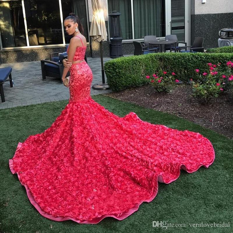 2019 Water Melon Mermaid Prom Dresses Lace Appliqued Flowers Two Pieces Evening Dress Court Train Cocktail Party Gowns Custom Made