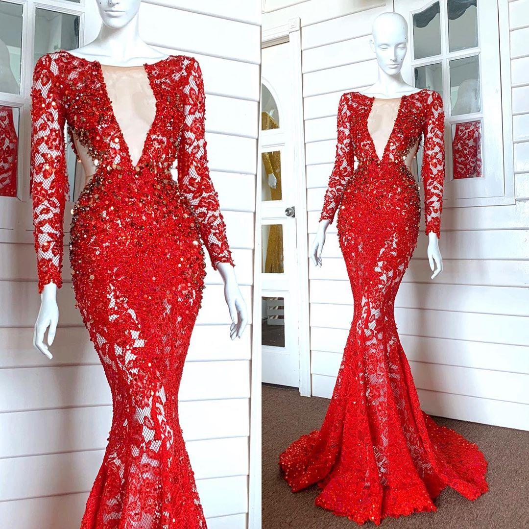 Red Mermaid Evening Dresses Beaded Pearls Appliques Long Sleeve Prom Dress Real Image Vintage Formal Party Gowns