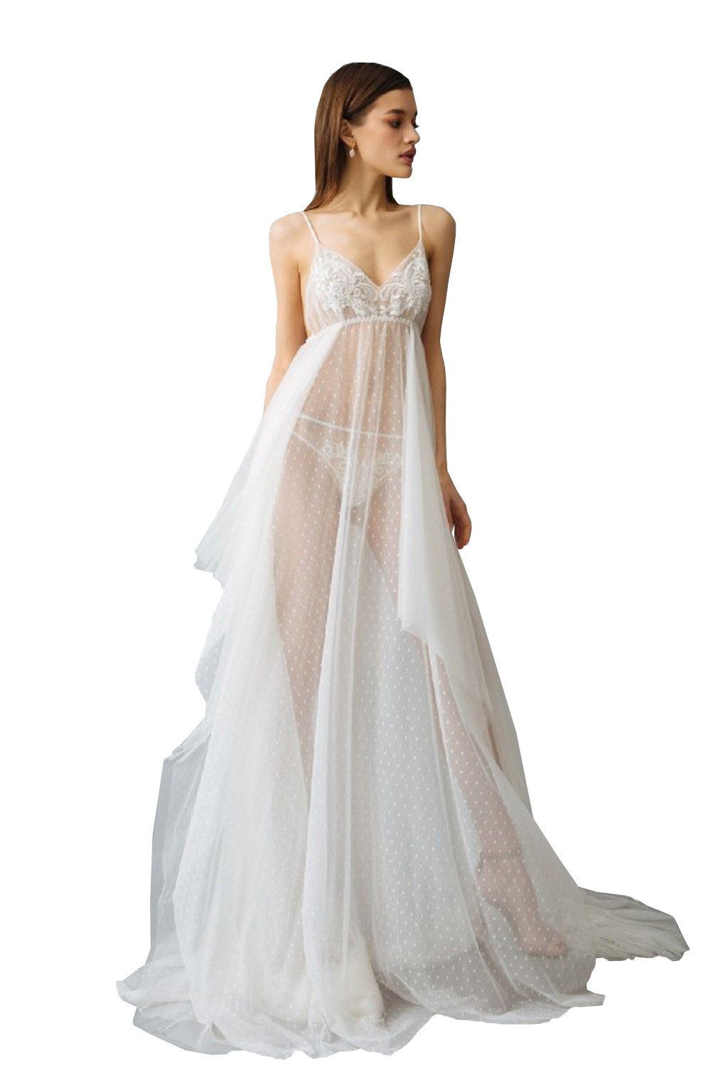 sexy wedding robes spaghetti strap sleeveless dot appliqued lace see through night gown for women ribbon backless court train sleepwear