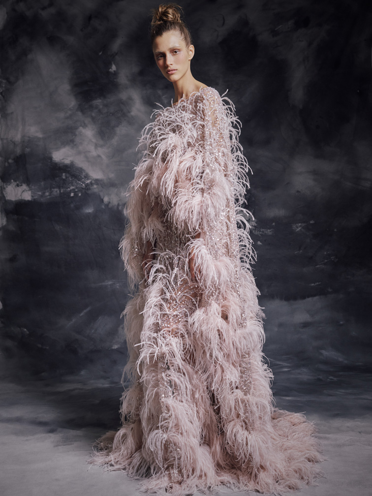 Modest Krikor Jabotian Elegant V Neck Long Sleeve Backless A Line Evening Dresses Sequins Lace Feather Formal Dresses Sweep Train Party Gown