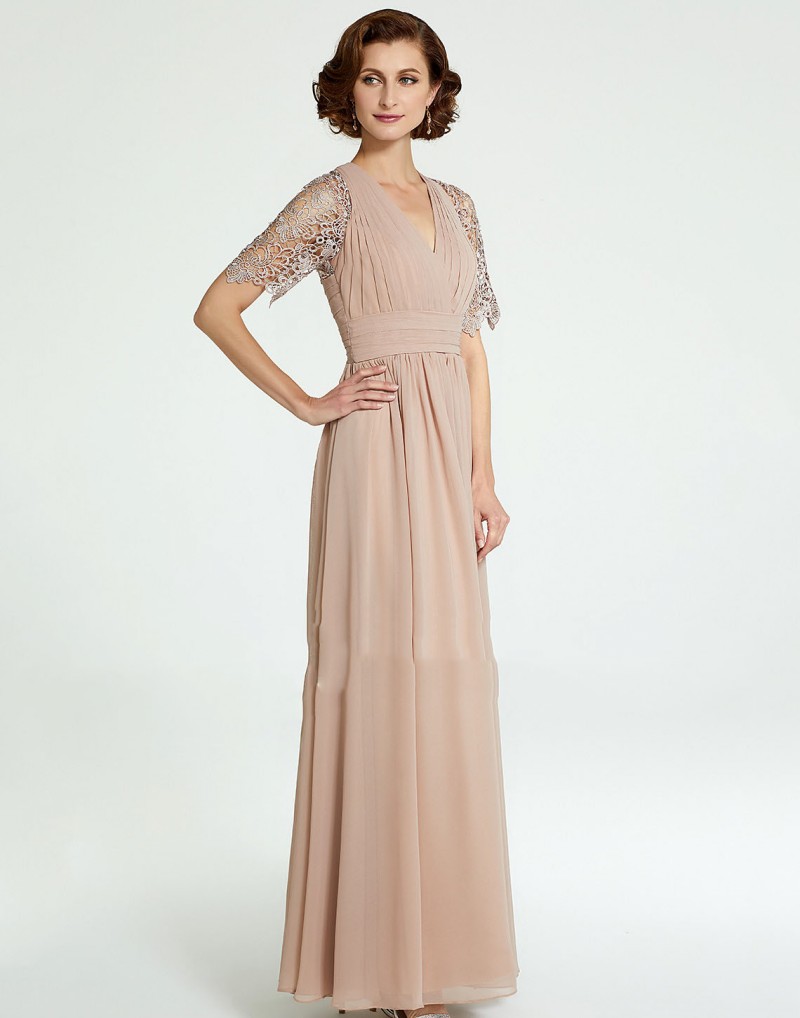 2019 Champagne Mother Of The Bride Dresses Lace Appliqued Short Sleeve Chiffon Custom Made Wedding Guest Dress Plus Size Prom Gowns