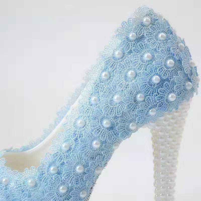 Lace Flower Wedding Shoes Pearls Pumps High Heels Bridal Shoes 14cm Bling Bling Prom Shoes for Lady