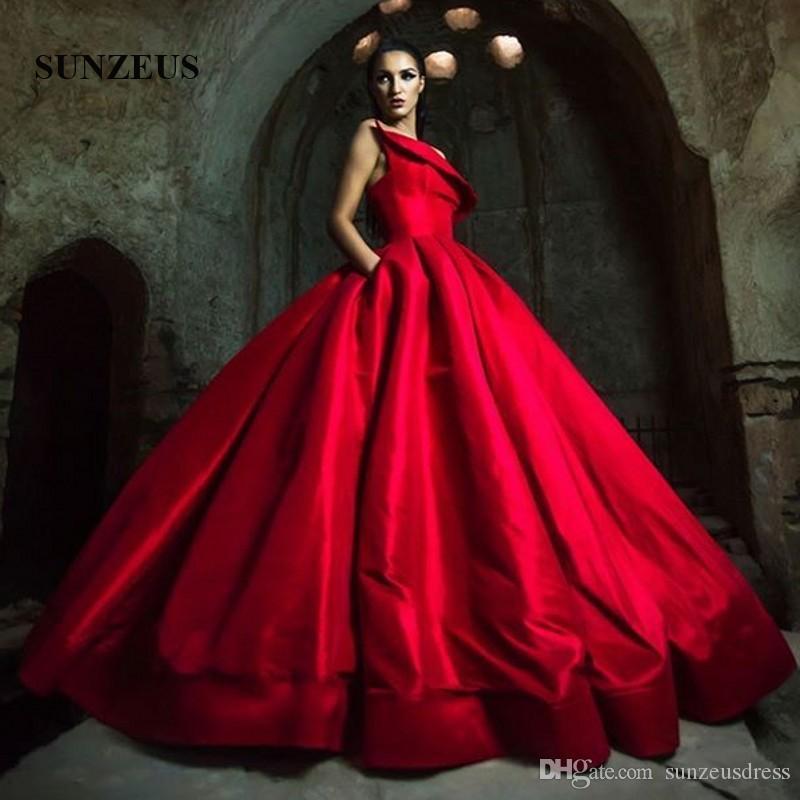 Dubai Ball Gorgeous Gown Quinceanera Beaded High Neck Applique Satin Prom Dresses Sweep Train Red Formal Evening Gowns Vestidos S 6660306