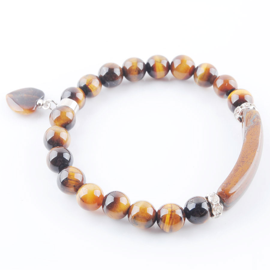 WOJIAER Natural Stone Beads Tiger Eye Strand Bracelets & Bangles Heart Shape Silver-color Fitting Women Jewelry Love Gifts K3313