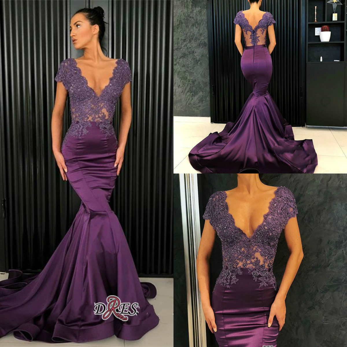 2019 Purple Evening Dresses V Neck Lace Appliqued Beads Satin Sweep Train Custom Made Mermaid Prom Dress Elegant Special Occasion Dress