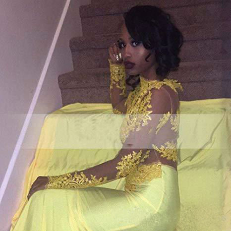 African Yellow Mermaid Prom Dresses 2019 Plus Size Long Sleeve Lace Appliques Evening Gowns Custom Made Cocktail Party Dresses