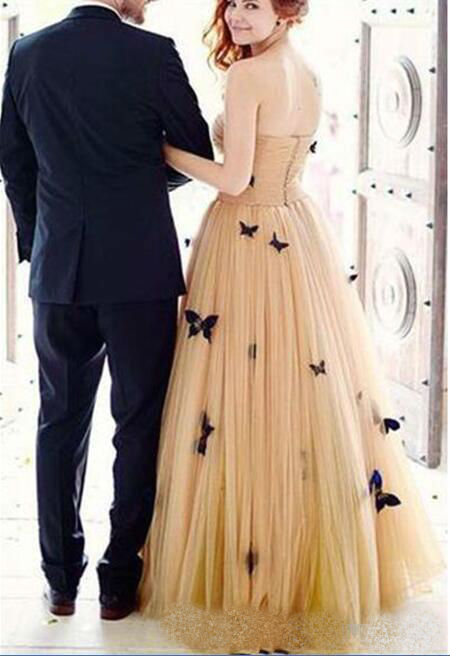 Gorgeous Strapless Prom Dresses 2019 Sweetheart Tulle Ruched Butterfly Appliques Evening Dress robes de soirée Cheap Cocktail Dresses