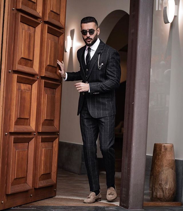 New Black Check Plaid Mens Groom Wedding Suits Groom Double Breasted Peaked Lapel Formal Work Prom Office Blazer Jacket(Jacket+Vest+Pants)