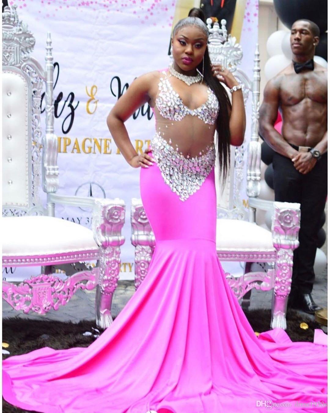 Sparkly African Fuchsia Plus Size Mermaid Prom Dresses Sexy See Through Crystals Sweep Train Evening Gowns Formal Dress Party Wear