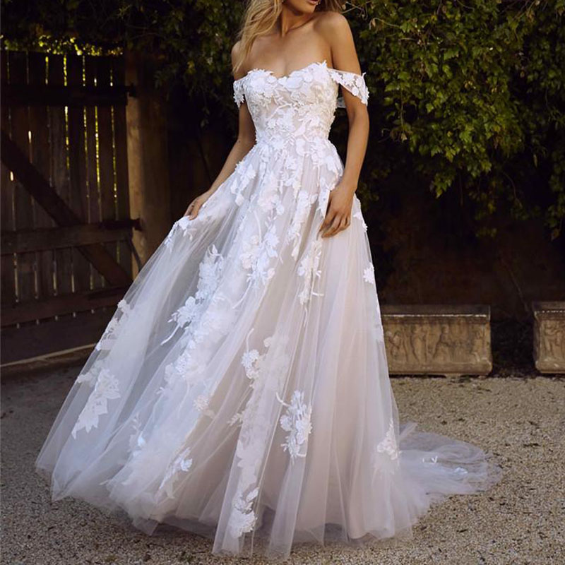 Vintage Lace Wedding Dresses Off the Shoulder Appliques A Line Bride Dress Princess Wedding Gown Summer Beach Boho Dress robe de mariee