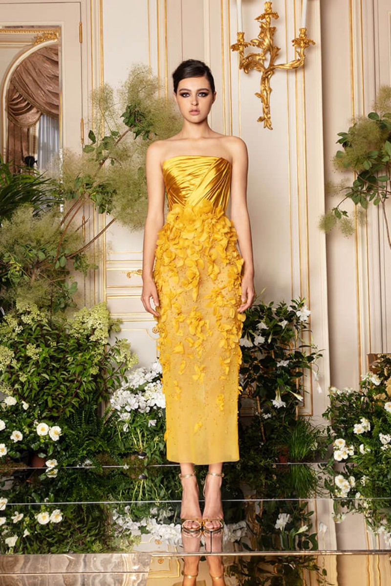 ramialali yellow prom dresses sexy strapless 3d flower appliqued evening gowns ankle length party dress