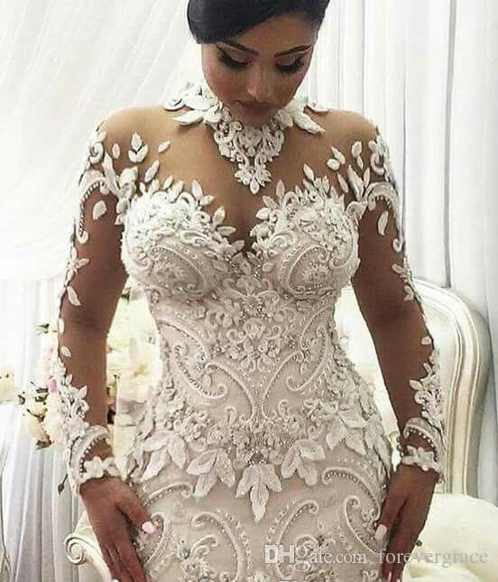 2019 Romantic Flora Dubai Style Wedding Dress Elegant Mermaid Long Sleeves Sheer High Neck Garden Bridal Gown Custom Made Plus Size