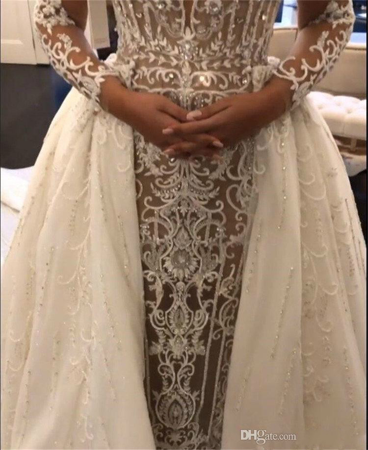 sexy mermaid wedding dresses crystal beaded lace illusion long sleeve detachable train bride gowns custom made wedding gown