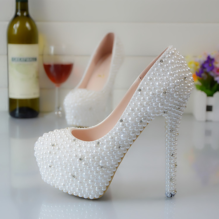 Glitter Wedding Shoes Pearls Beads Pumps High Heels Bridal Shoes Small Diamond 5cm 8cm 11cm 14cm Bling Bling Prom Shoes for Lady