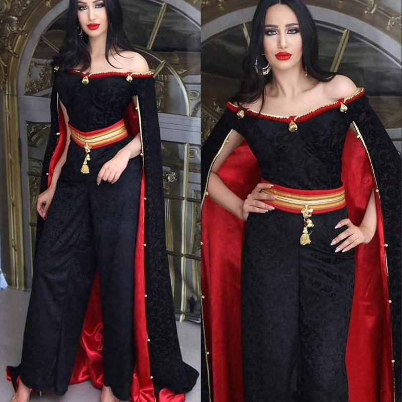 Red Black prom Formal Dresses with cape 2020 arabic Jumpsuits Dress Evening Wear Middle East Dubai Abaya Kaftan Kleider robes de soirée
