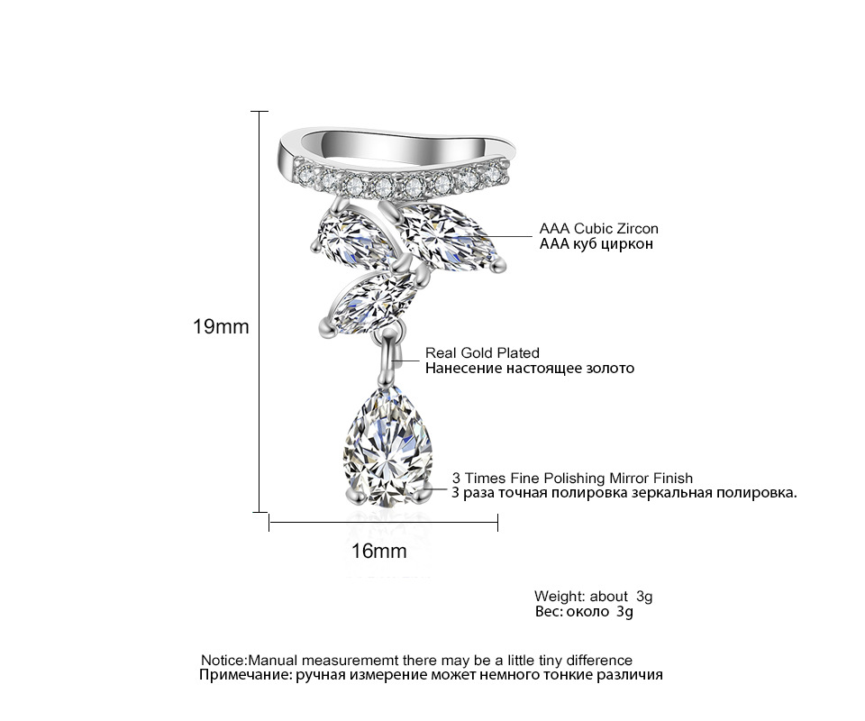 Top Quality 18K White Gold Horst Eye Cubic Zirconia Water Drop Cuff Earring Personalized Ear Cuff Womens Cuff Studs Jewelry Gifts for Girls