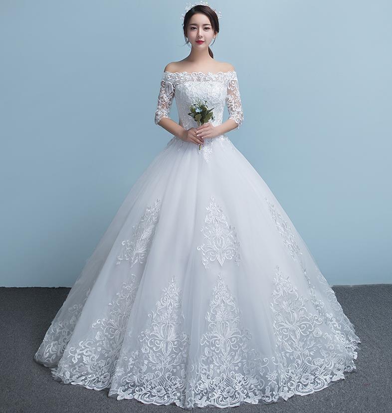 Vintage White Lace A-line Wedding Dresses Off The Shoulder Half Sleeve Lace-up Back Floor Length Custom Made Plus Size Bridal Gowns