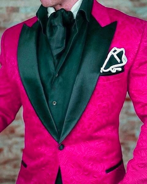 Men Suits Hot Pink Pattern and Black Groom Tuxedos Shawl Satin Lapel Groomsmen Wedding/Prom Best Man ( Jacket+Pants+Bow Tie ) L401