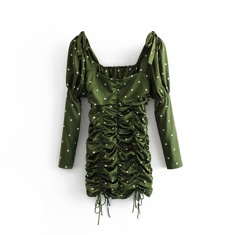 Stylish Sweet Green Polka Dot Ruched Dress Cute Women Square Collar Dresses Casual Vestidos for Girls Streetwear Outfit 210520