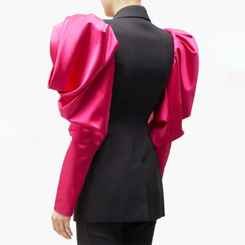 TWOTWINSTYLE Patchwork Hit Color Women's Blazer Puff Sleeve Notched Female Blazers 2019 Autumn Plus Size Fashion New Clothing CJ191209