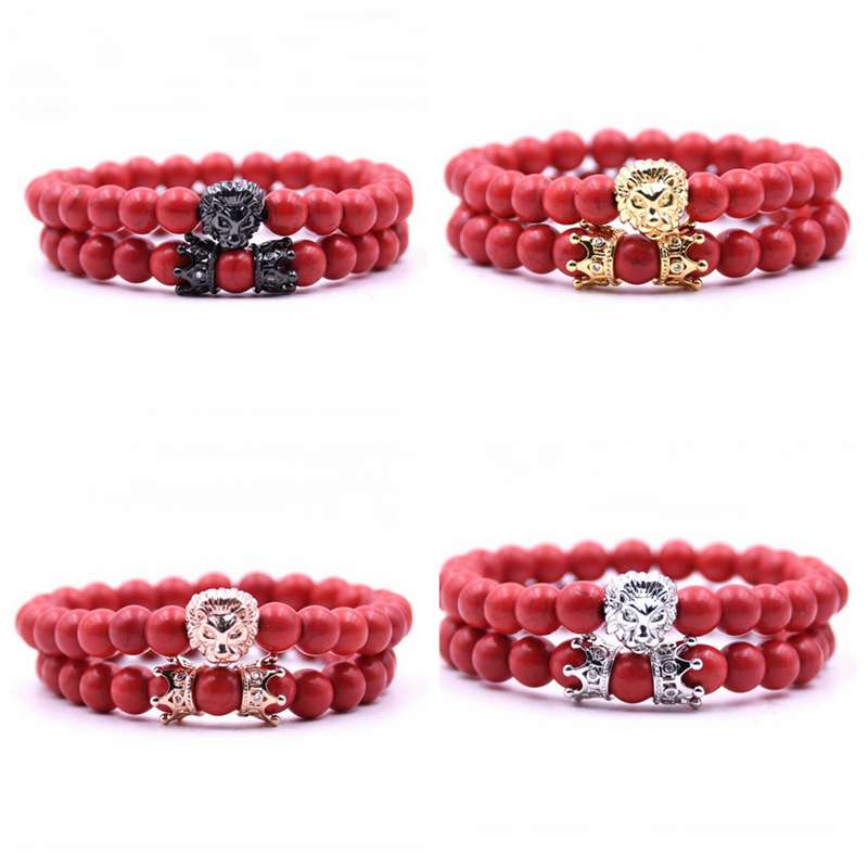 2pcs set black micro inlay double crown copper lion head bracelet men and women couple friendship bracelet