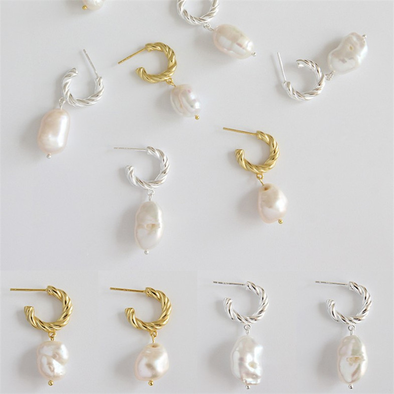 Pure 925 Sterling Silver Earring Baroque Freshwater Pearl Dangle Earrings Female Twist Irregular Pearl Drop Earrings