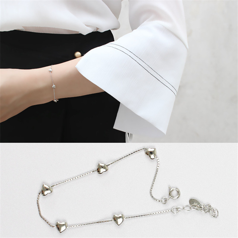 925 Sterling Silver Box Chain Bracelet 16CM Links Chain Heart Charms Bracelet &Bangles For Women Wedding Pulseira Feminina