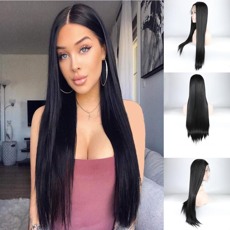 

13x4 Long Straight Glueless Lace Front Wigs Silky Synthetic Wigs With Natural Hairline Heat Resistant Fiber Women 26 Inches, As pic