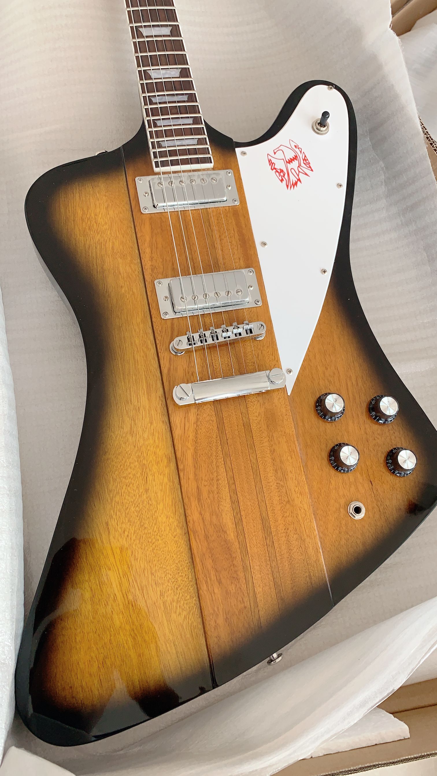 Custom Neck Through Body Fire Thunderbird Vintage Sunburst Electric Guitar Banjo Tuners, 2 Mini Humbuckers, Reverse Headstock
Custom Neck Through Body Fire Thunderbird Vintage Sunburst Electric Guitar Banjo Tuners, 2 Mini Humbuckers, Reverse Headstock