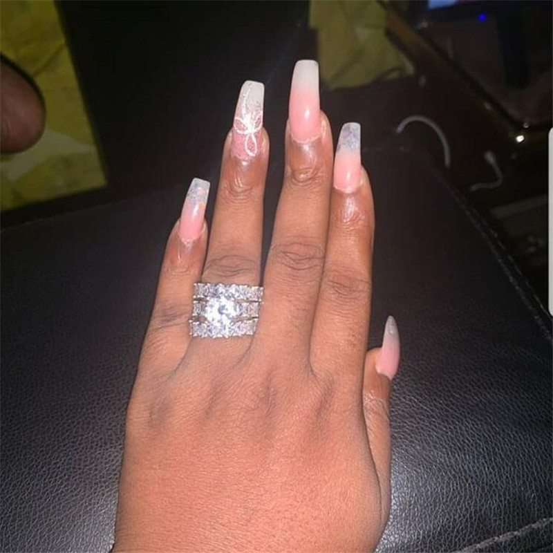 Ins Top Sell Stunning Jewelry Sterling Sier Princess Cut White Topaz CZ Dia Stack Eternity Women Wedding Band Ring Gift