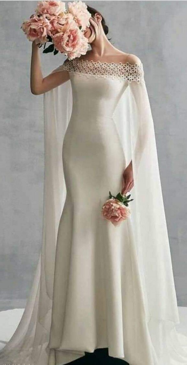 Spring 2020 Elegant Mermaid Wedding Dress with Cape Lace Off The Shoulder Neckline Sweep Train Ivory Fishtail Wedding Gowns