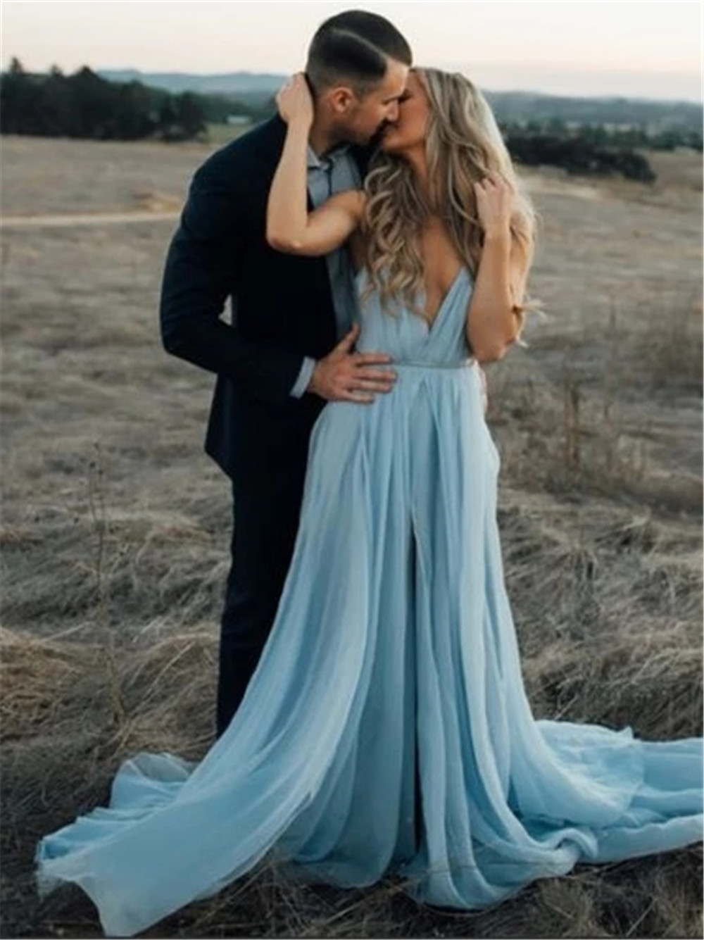 Sexy Chiffon Long Evening Prom Dress With Front Slit Beach Style Open Back Evening Gowns Vestido de Festa