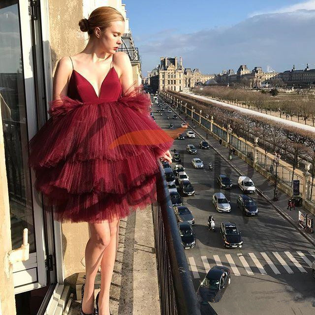 Sexy Tier Tulle Bury Homecoming Dresses Spaghetti Straps Sleeveless Knee Length Tail Party Gowns Celebrity Mini Prom Dress Q148 0510